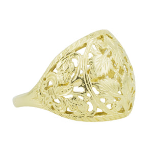 Gold Flower & Ferns Openwork Filigree Dome Statement Ring in 14K Yellow Gold - Size 8
