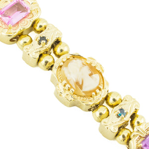 Vintage Slide Charm Multi Colored Gemstone 7" Bracelet in 14K Yellow Gold