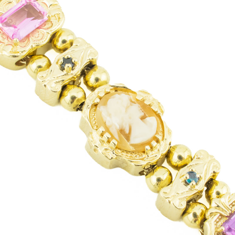 Vintage Slide Charm Multi Colored Gemstone 7" Bracelet in 14K Yellow Gold