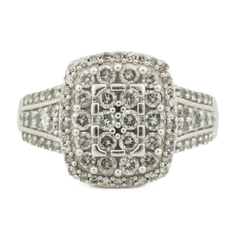 0.95ctw Round Brilliant and Single Cut Diamond Accented Cluster Ring in 10K White Gold - Size 7.25