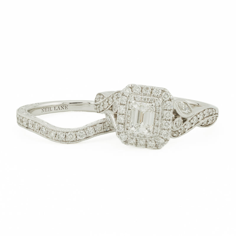 Neil Lane 0.45ctw Emerald Cut F/VS1 Diamond Double Halo Engagement & Matching Band Bridal Set -Size 6.5