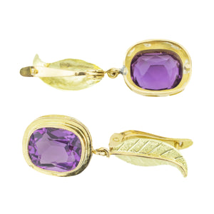 10.8ctw Purple Amethyst Solitaire Gemstone Drop Earrings in 18K Yellow Gold