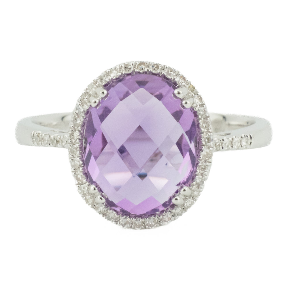3.5ct Oval Amethyst w/ 0.15ct Diamond Accents Gemstone Ring in 14K White Gold