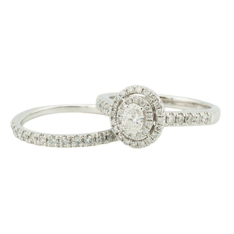 0.20ctw Oval Diamond Double Halo Engagement Bridal Set in 10K White Gold -Size 5.75
