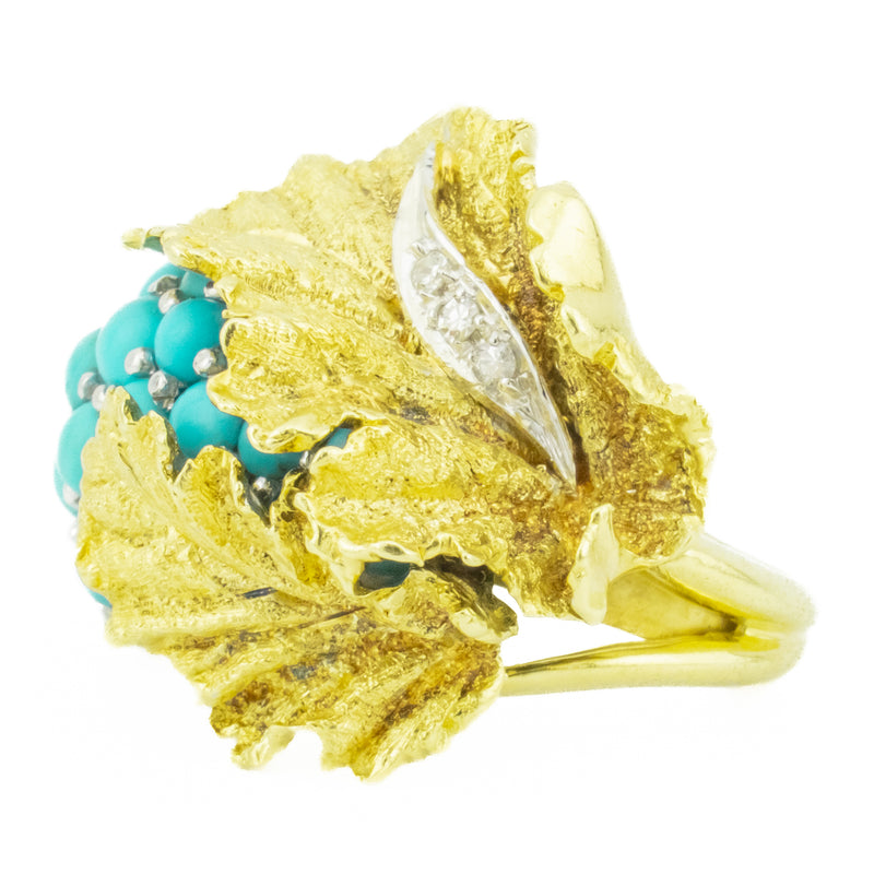 Turquoise and Diamond Vintage Grape Ring in 18K Yellow Gold - 4.75