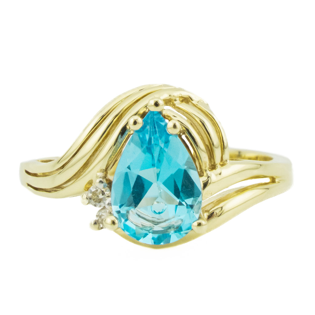1.25ctw Pear Shape Blue Topaz with Diamond Accents Ring in 10K Yellow Gold - Size 6