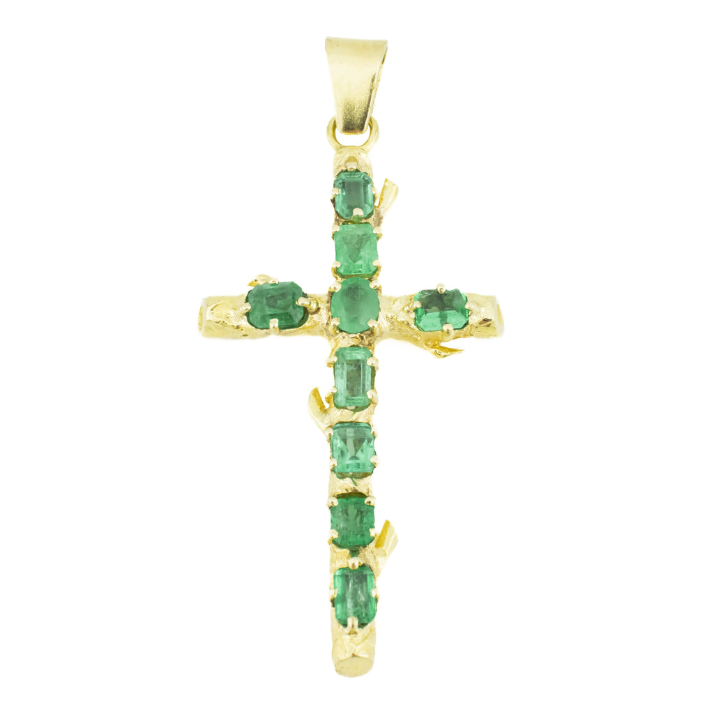 3.48ctw Emerald Accented Gemstone Cross Pendant in 18K Yellow Gold - 13 Grams