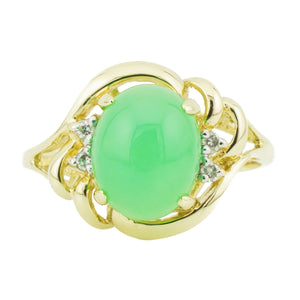 Oval Jade Cabochon & Diamond Accented Ring in 14K Yellow Gold - Size 7.25