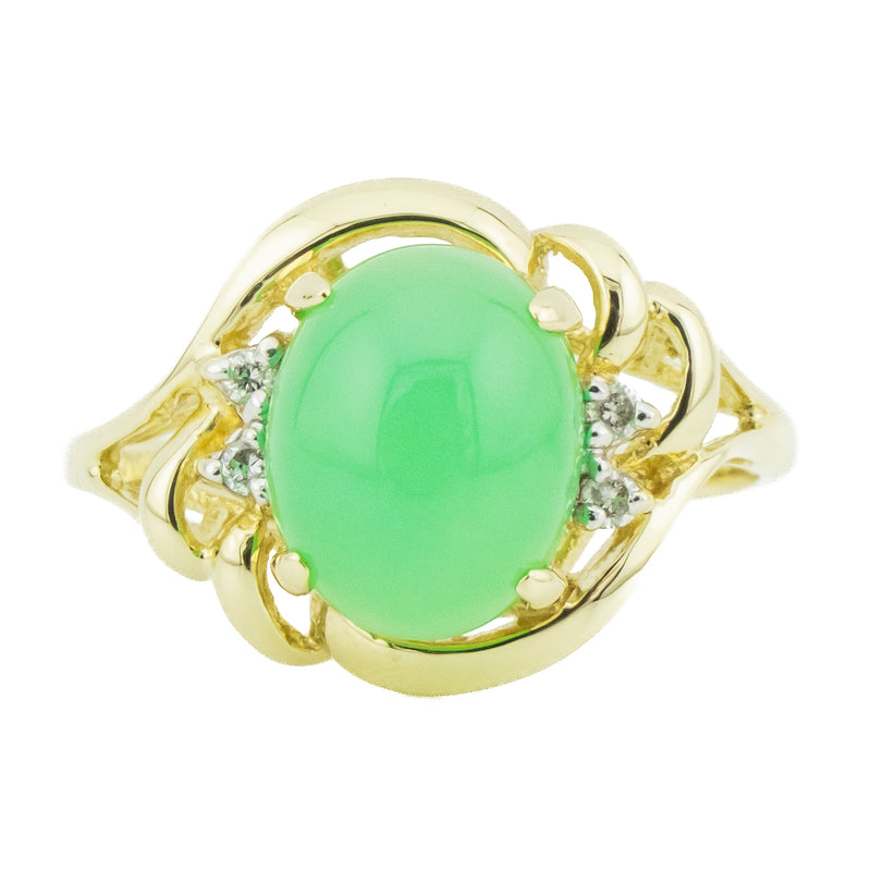 Oval Jade Cabochon & Diamond Accented Ring in 14K Yellow Gold - Size 7.25