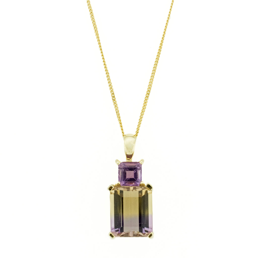 3.49ctw Ametrine and 0.84ctw Amethyst Gemstone Pendant in 14K Yellow Gold and 18" Chain in 10K Yellow Gold