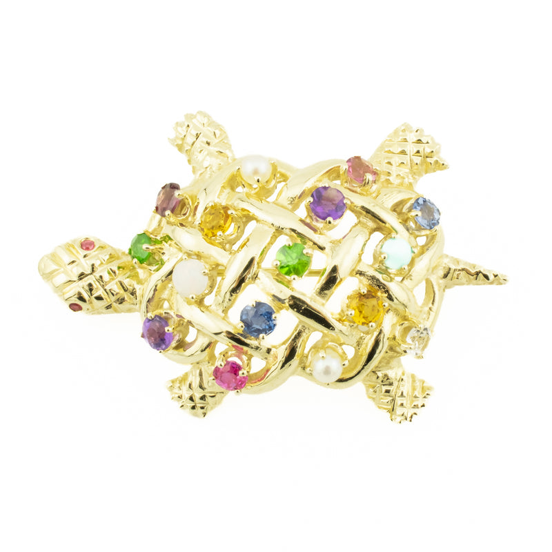 Multi Gemstone Turtle Brooch Pin in 14K Yellow Gold