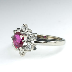 0.45ct Natural Ruby & Diamond Accented Vintage Halo Ring in 14K White Gold Gemstone Rings Oaks Jewelry 