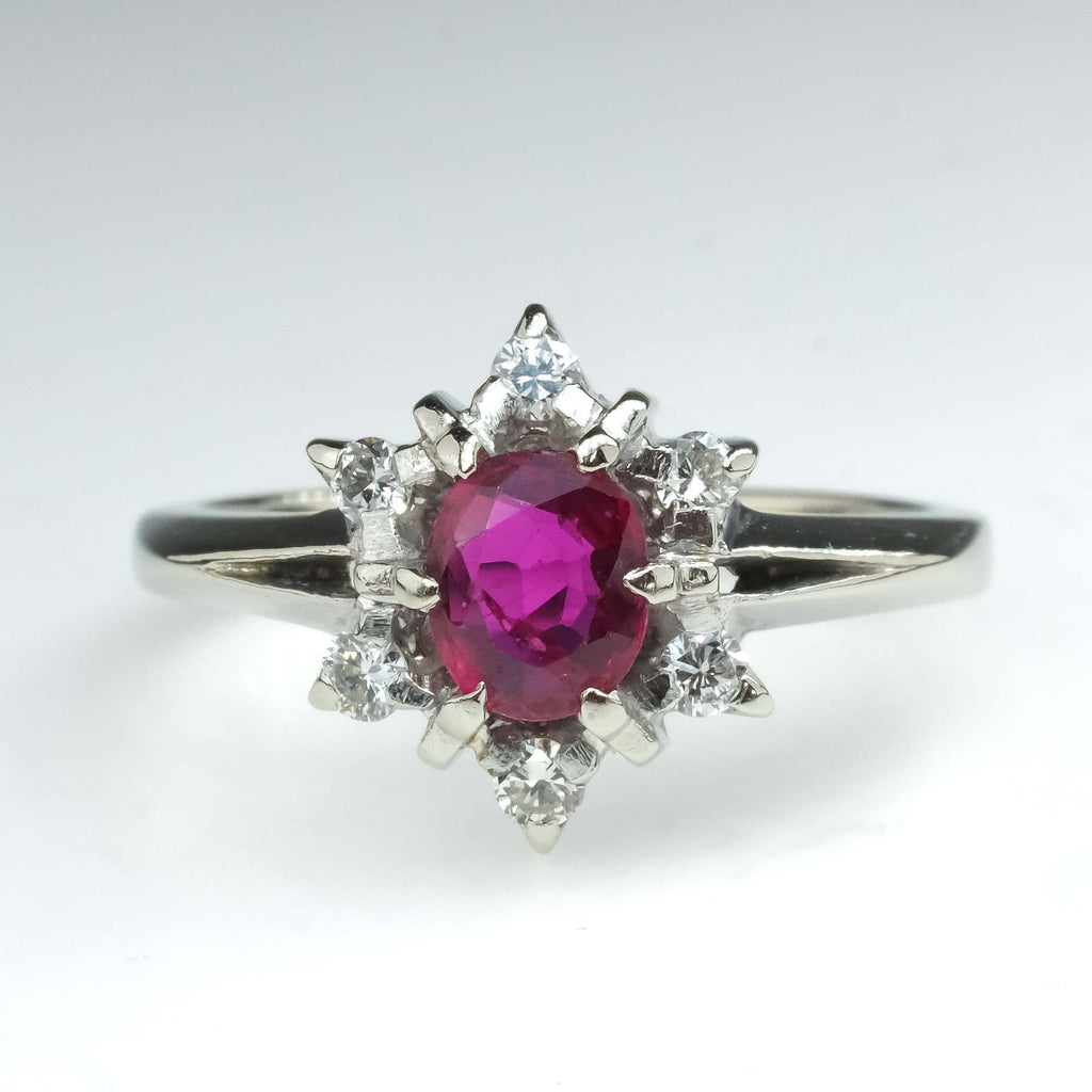 0.45ct Natural Ruby & Diamond Accented Vintage Halo Ring in 14K White Gold Gemstone Rings Oaks Jewelry 