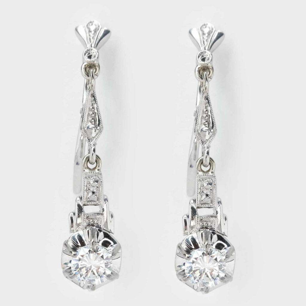 0.82ctw Round Diamond Vintage Buttercup Dangle Earrings in 18K White Gold Earrings Oaks Jewelry 