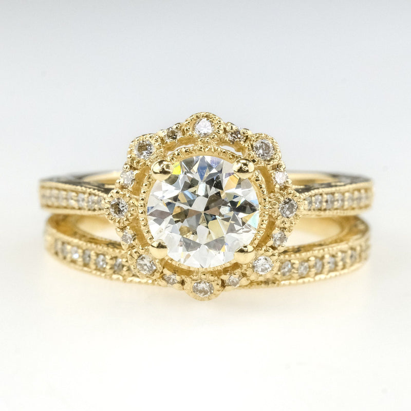 0.93ct VS2/H Certified Round Diamond Halo Accented Bridal Set in 14K Yellow Gold Bridal Sets Oaks Jewelry 