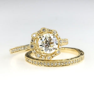 0.93ct VS2/H Certified Round Diamond Halo Accented Bridal Set in 14K Yellow Gold Bridal Sets Oaks Jewelry 
