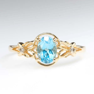 0.94ct Swiss Blue Topaz with Diamond Accents Gemstone Ring in 14K Yellow Gold Gemstone Rings Oaks Jewelry 
