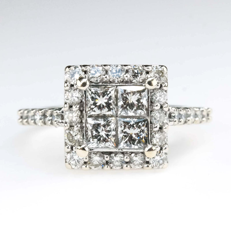 1.00ctw Diamond Accented Halo Quad Cluster Engagement Ring in 14K White Gold Engagement Rings Oaks Jewelry 