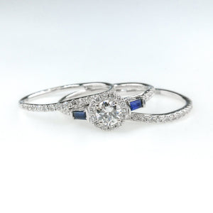1.25ctwt Diamond w/Sapphire Double Band Bridal Set 14K White Gold Bridal Sets Oaks Jewelry 