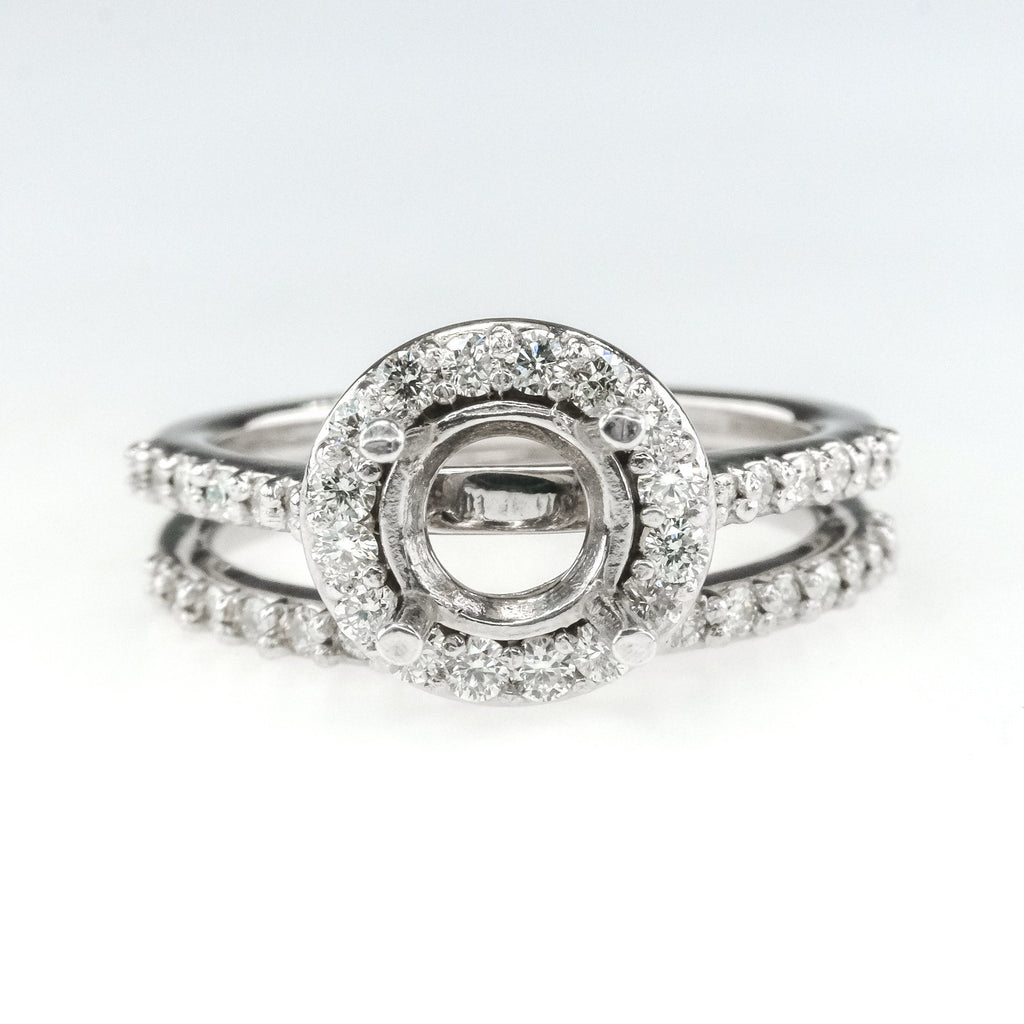 14K White Gold 0.57ctw Diamond Halo Accented Semi Mount Setting Bridal Ring Set Bridal Sets Oaks Jewelry 