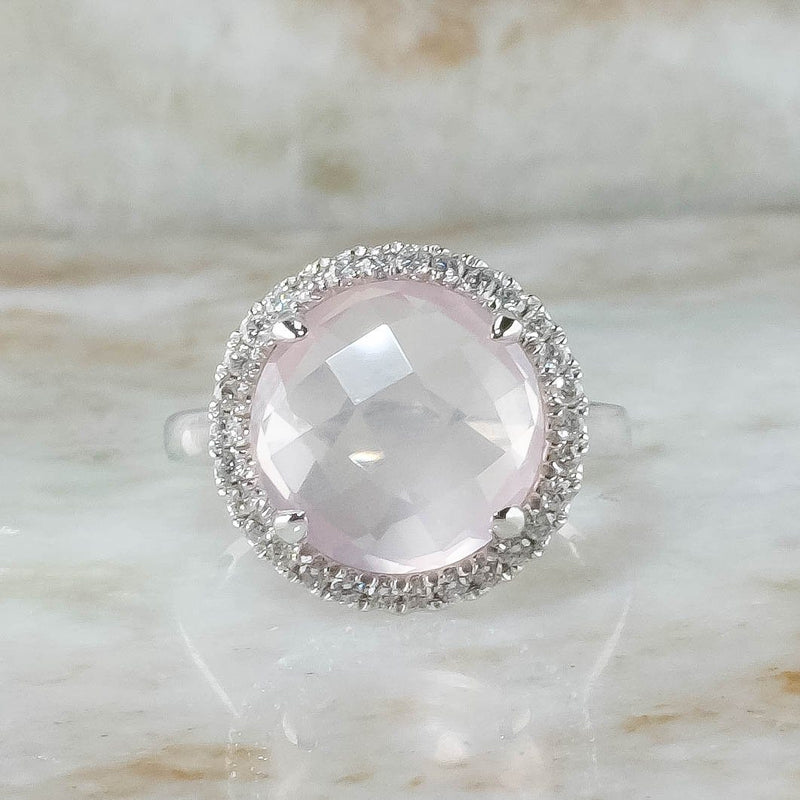 14K White Gold 4.45ct Round Checkerboard Rose Quartz & Diamond Accents Halo Ring Gemstone Rings Oaks Jewelry 