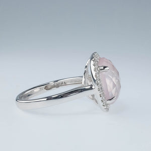 14K White Gold 4.45ct Round Checkerboard Rose Quartz & Diamond Accents Halo Ring Gemstone Rings Oaks Jewelry 