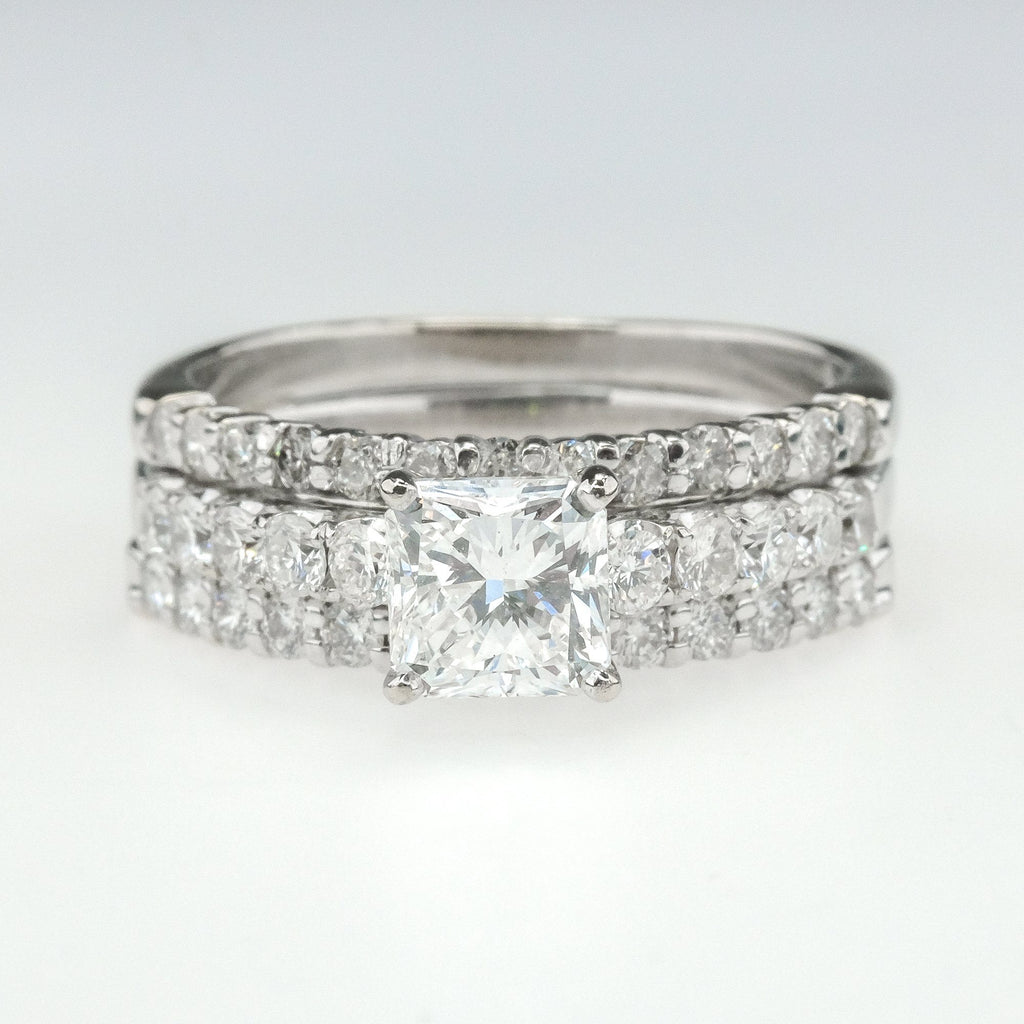 14K White Gold GIA 0.91ct Princess Cut Diamond VS2/F & Accented Bridal Ring Set Bridal Sets Oaks Jewelry 
