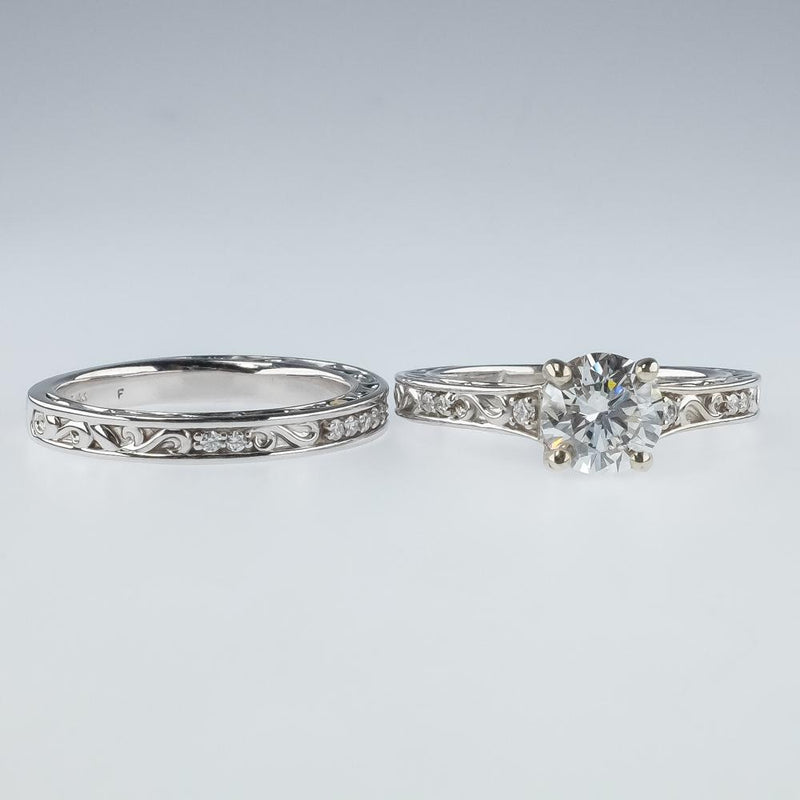 14K White Gold GIA Round Diamond & Filigree Accents Bridal Set Ring Size 7 Bridal Sets Oaks Jewelry 