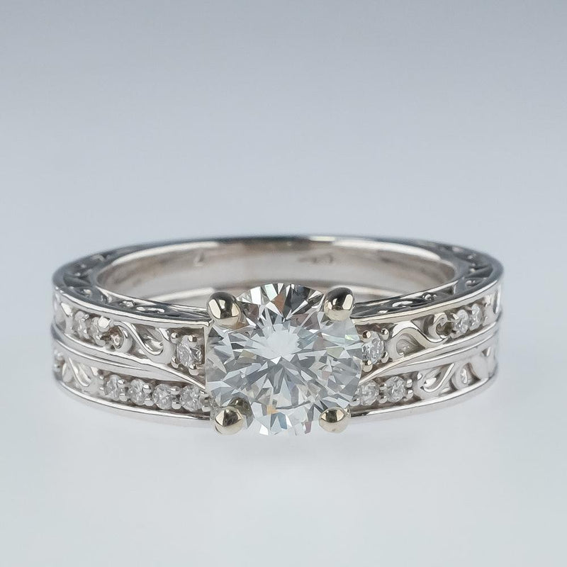 14K White Gold GIA Round Diamond & Filigree Accents Bridal Set Ring Size 7 Bridal Sets Oaks Jewelry 