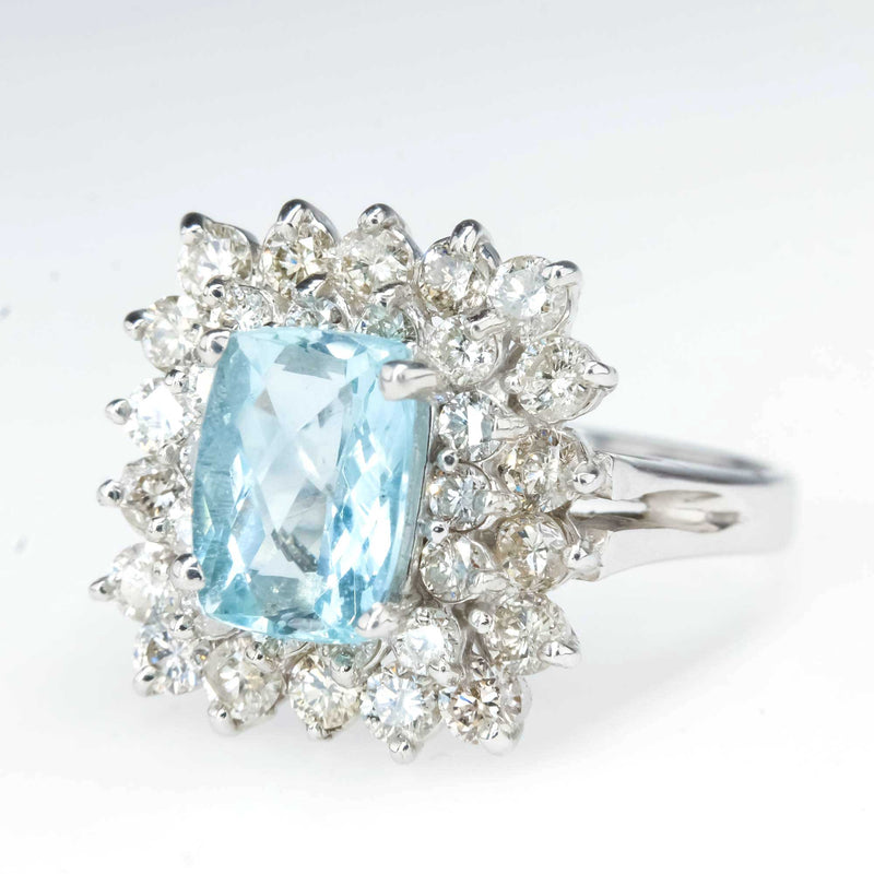 1.55ct Cushion Cut Aquamarine & Diamond Double Halo Ring in 14K White Gold Gemstone Rings Oaks Jewelry 