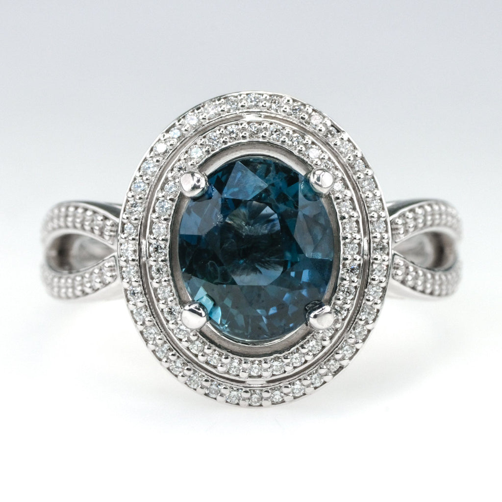 18K White Gold GIA 3.10ct Oval Blue Sapphire & Diamond Double Halo Ring Size 7 Gemstone Rings OaksJewelry 