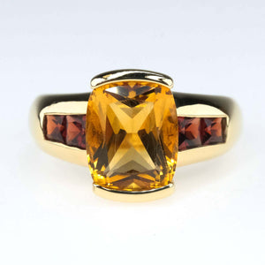 2.22ctw Cushion Citrine with Garnet Accented Gemstone Ring in 10K Yellow Gold Gemstone Rings Oaks Jewelry 