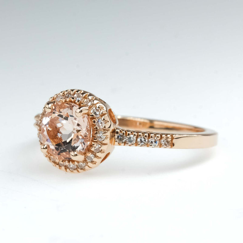 Morganite with Diamond Halo and Side Accents Ring in 14K Rose Gold