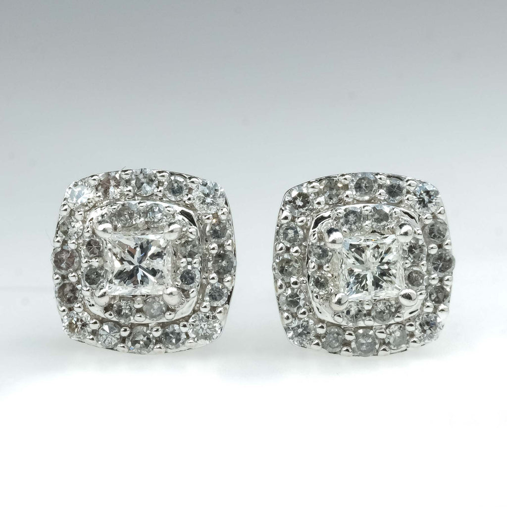 1.32ctw Princess Cut Double Halo Diamond Stud Earrings in 14K White Gold