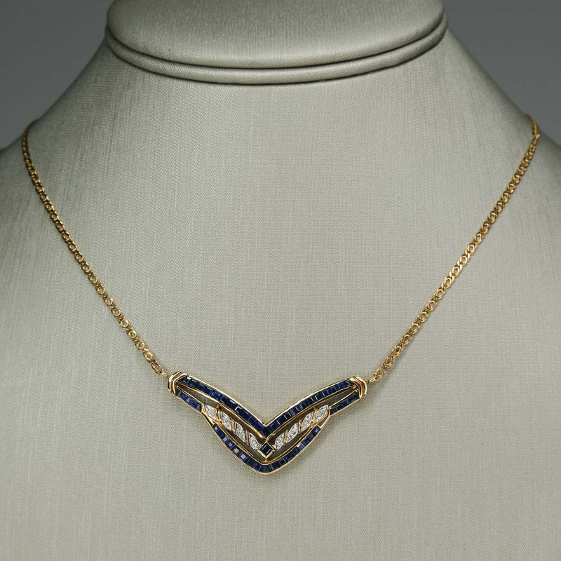 Sapphire and Diamond Fixed Pendant Necklace in 18K Yellow Gold
