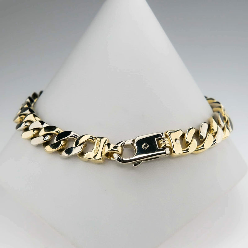 9.2mm Wide Solid Curb Link 9" Chain Bracelet in 14K Two Tone Gold Bracelets Oaks Jewelry 