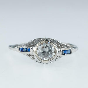 950 Platinum 0.50ct Diamond Solitaire with Blue Sapphire Accents Ring Size 9 Diamond Rings Oaks Jewelry 