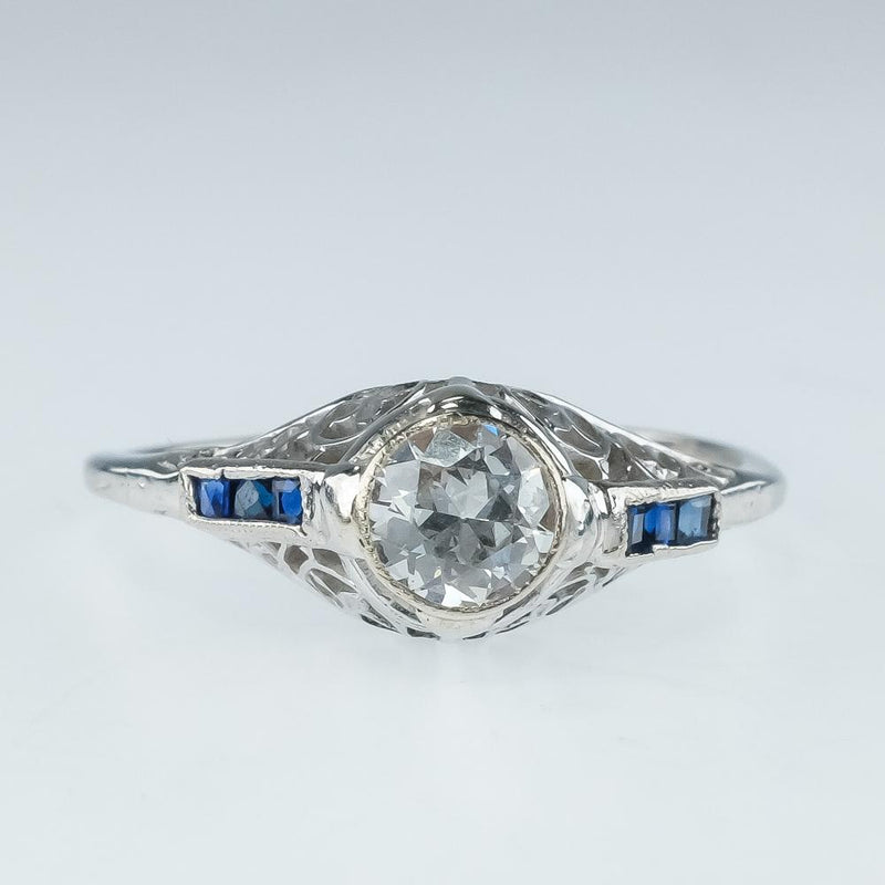 950 Platinum 0.50ct Diamond Solitaire with Blue Sapphire Accents Ring Size 9 Diamond Rings Oaks Jewelry 