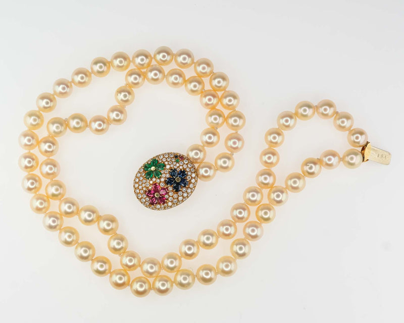 Gold South Sea Pearls Double Strand with Gem and Diamond Clasp in 18K Gold