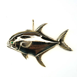 Pompano Fish Pendant with Emerald Eyes in Solid 14K Yellow Gold - 65.2 grams