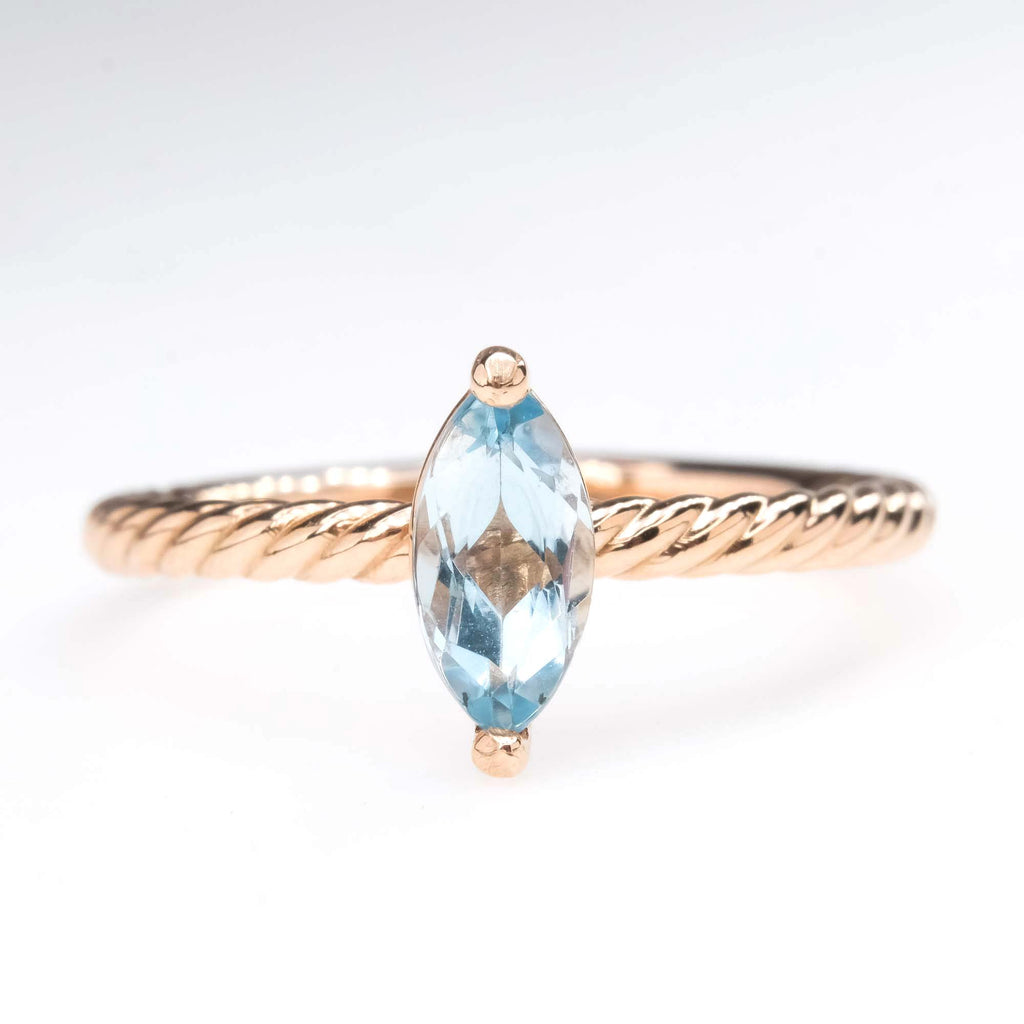 Aquamarine Rope Detailed Solitaire Ring in 14K Rose Gold Gemstone Rings Oaks Jewelry 