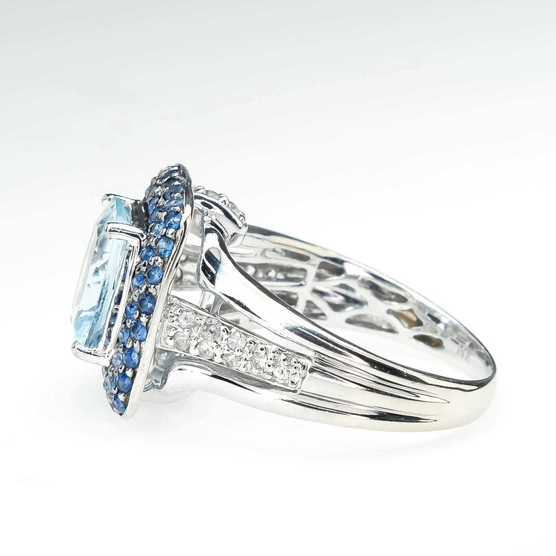 Aquamarine with Created Sapphire and White Topaz Accented Ring in 14K White Gold Gemstone Rings Oaks Jewelry 