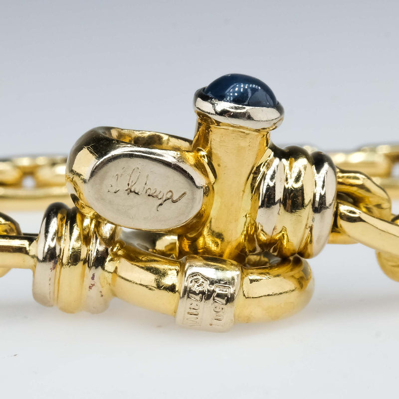 Chunky Elongated Cable Link Bracelet with Sapphire Accents in 18K Yellow Gold