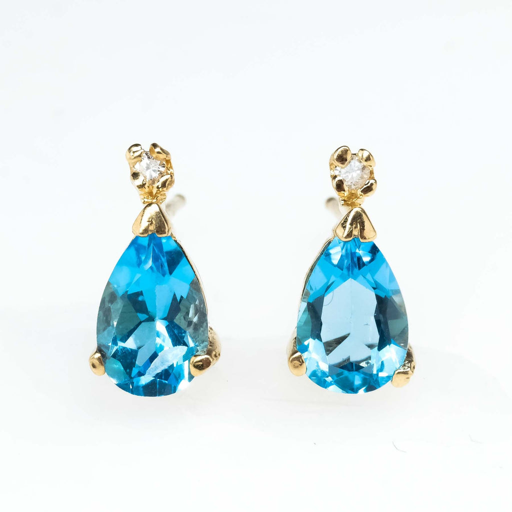 Blue Topaz and Diamond Drop Stud Earrings in 14K Yellow Gold Earrings Oaks Jewelry 