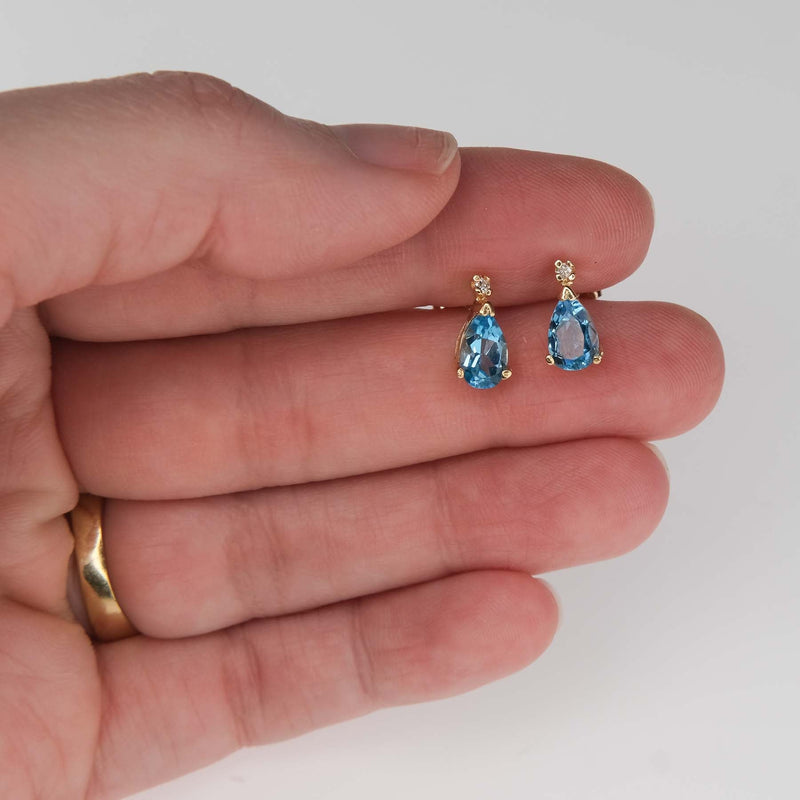 Blue Topaz and Diamond Drop Stud Earrings in 14K Yellow Gold Earrings Oaks Jewelry 