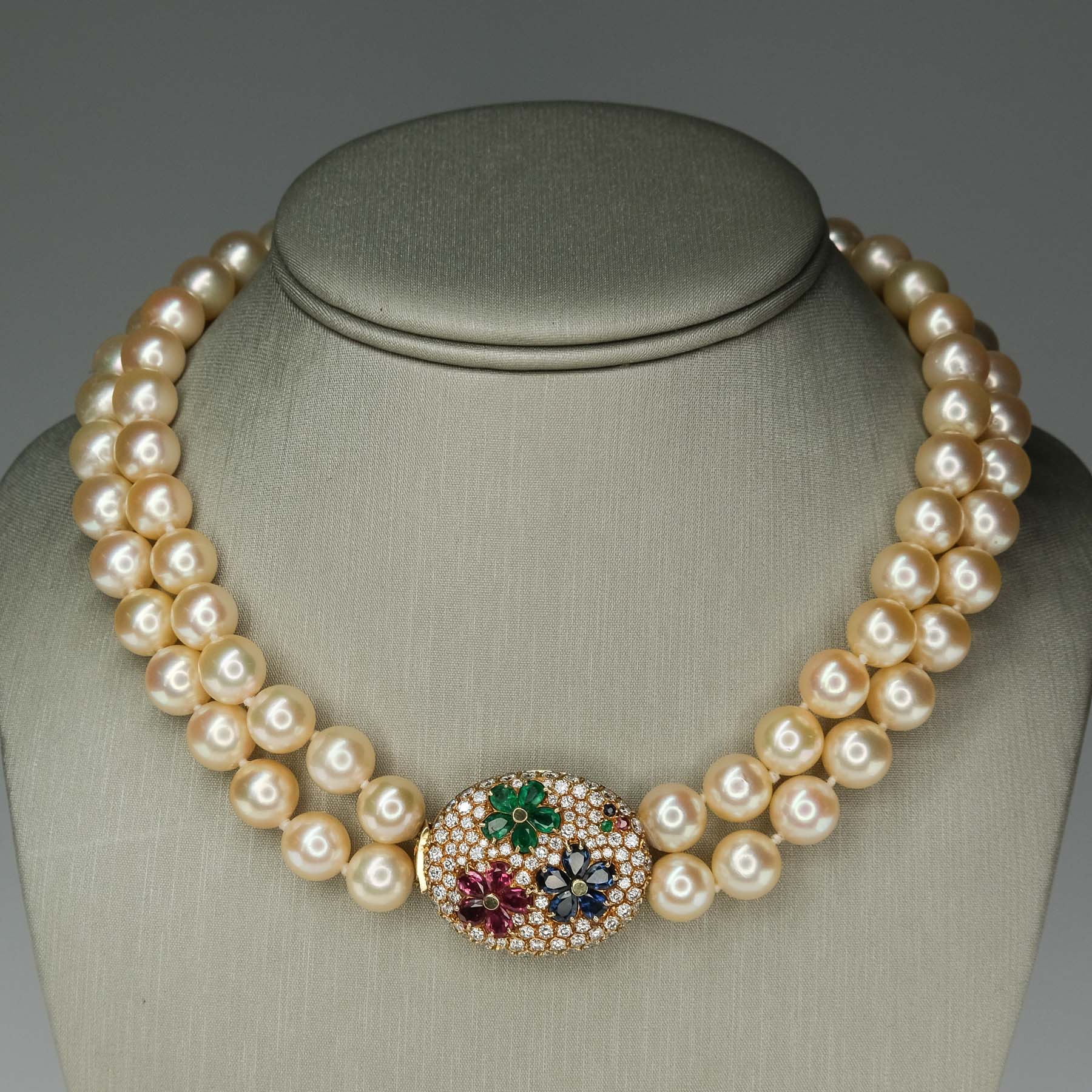 Gold South Sea Pearls Double Strand with Gem and Diamond Clasp in