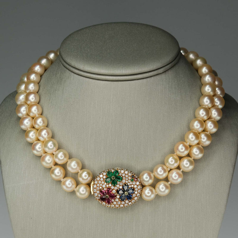 Gold South Sea Pearls Double Strand with Gem and Diamond Clasp in 18K Gold