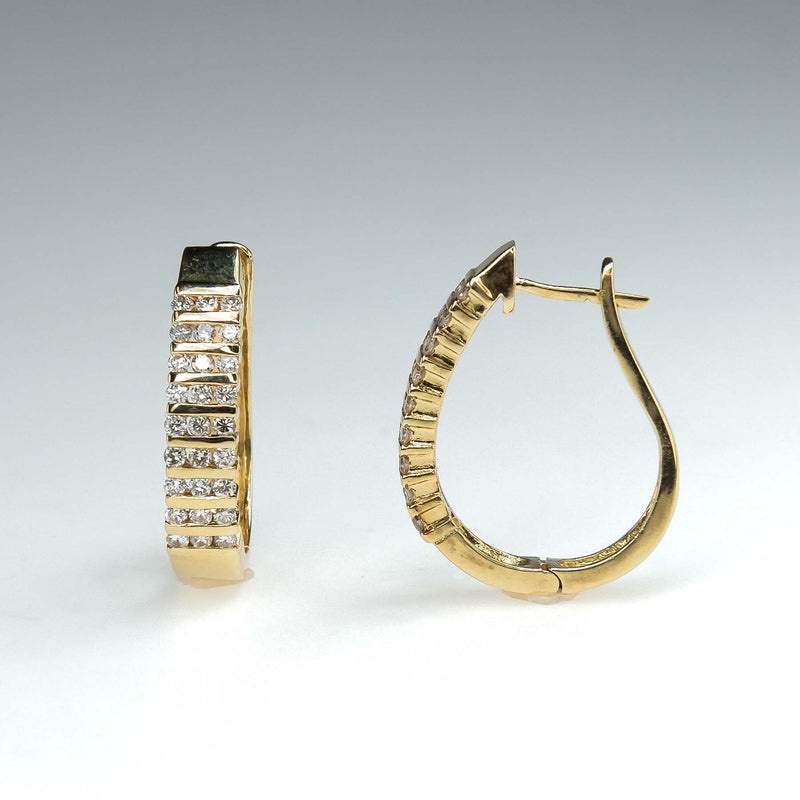 Channel Set Diamond Accented J Hoop Latch Back Earrings in 14K Yellow Gold Earrings Oaks Jewelry 