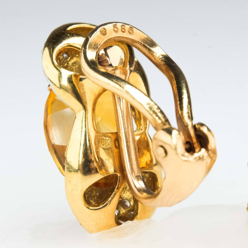Citrine & Diamond Stud Omega Clip On Earrings in Two Tone Gold Earrings Oaks Jewelry 