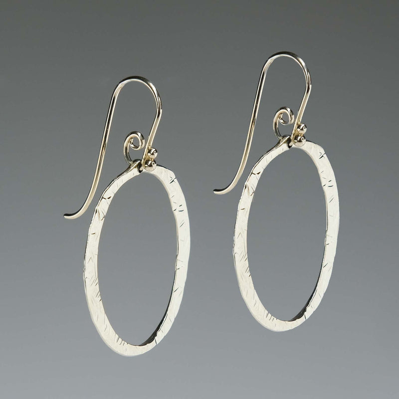 Crosshatch Texture Open Circle Drop Earrings in 14K White Gold Earrings Oaks Jewelry 